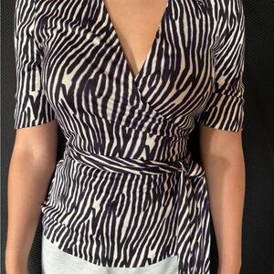Diane Von Furstenberg Black and White Animal Print Wrap Blouse